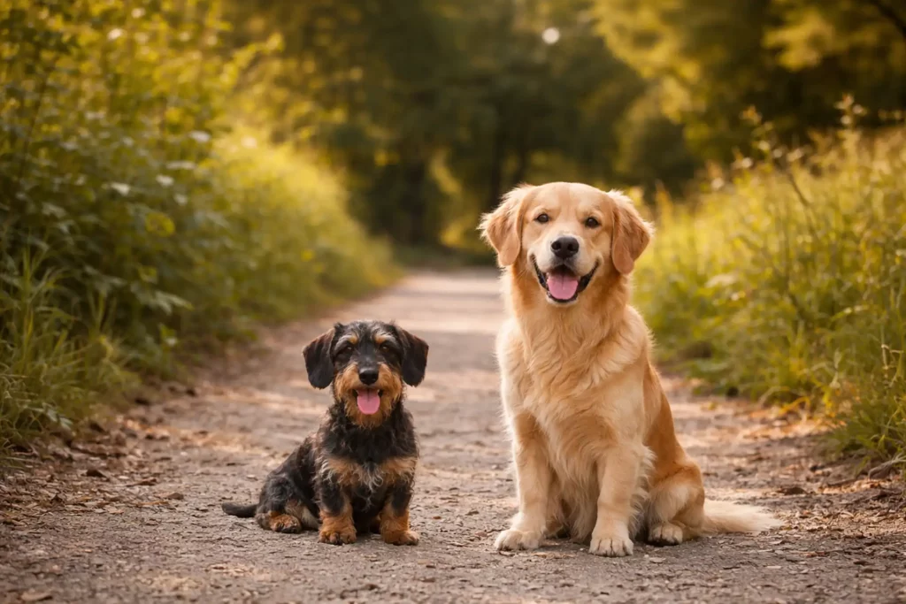 Teckel à poil dur et golden retriever assis sur un chemin forestier, illustrant l’accueil des animaux de compagnie à La Plume du Cap au Cap-Ferret