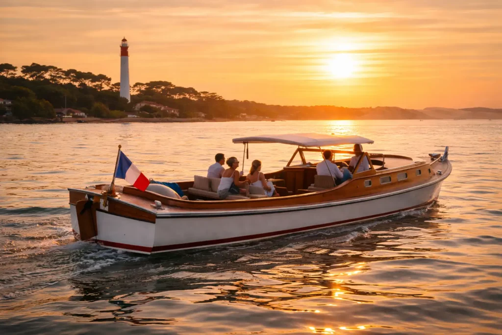 Balade en pinasse traditionnelle au coucher du soleil sur le bassin d’Arcachon, expérience proposée par la conciergerie de La Plume du Cap au Cap-Ferret