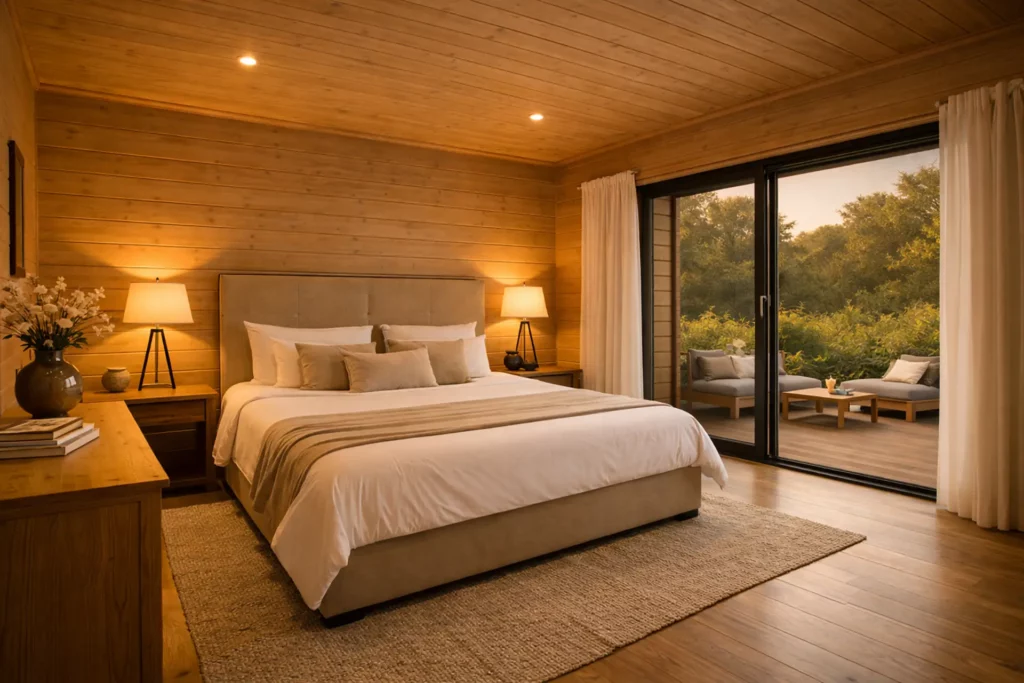Chambre élégante avec lit double et larges baies vitrées donnant sur la nature, dans une villa de La Plume du Cap au Cap-Ferret