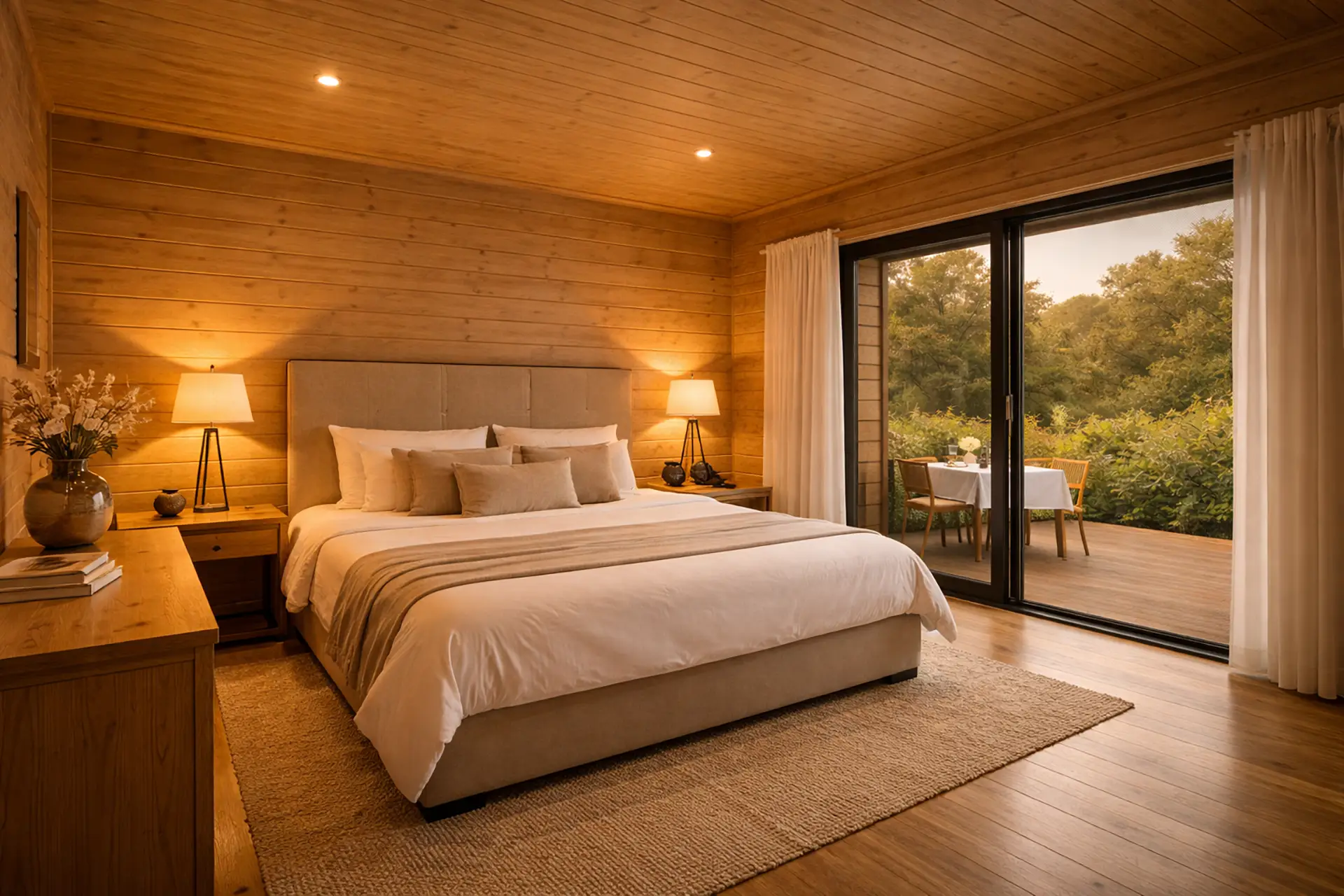 Chambre avec lit double dans une villa de La Plume du Cap au Cap-Ferret, décoration bois naturel, ambiance chaleureuse et terrasse ouverte sur la forêt de pins