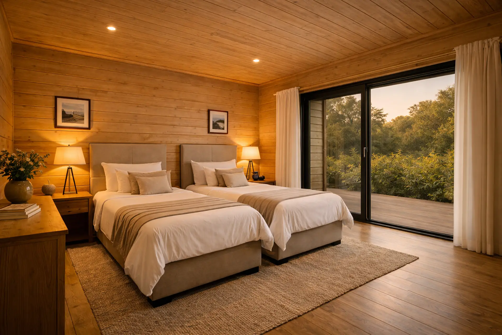 Chambre avec lits séparés dans une villa de La Plume du Cap au Cap-Ferret, idéale pour séjours en famille ou entre amis, ambiance bois et lumière naturelle