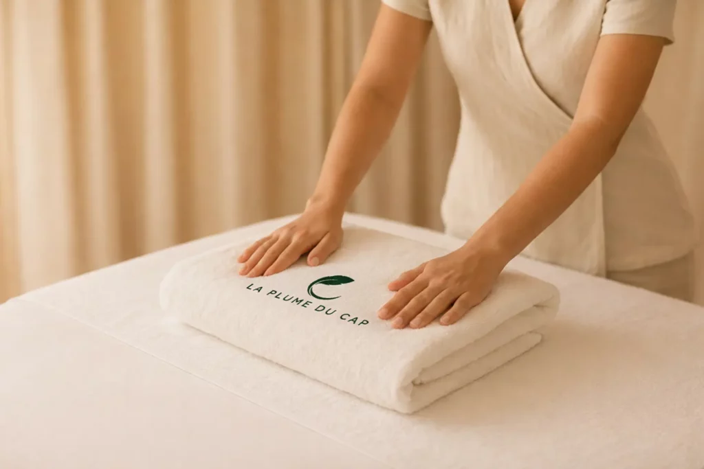 Serviette blanche soigneusement pliée au spa de La Plume du Cap, symbole de bien-être, confort et service haut de gamme