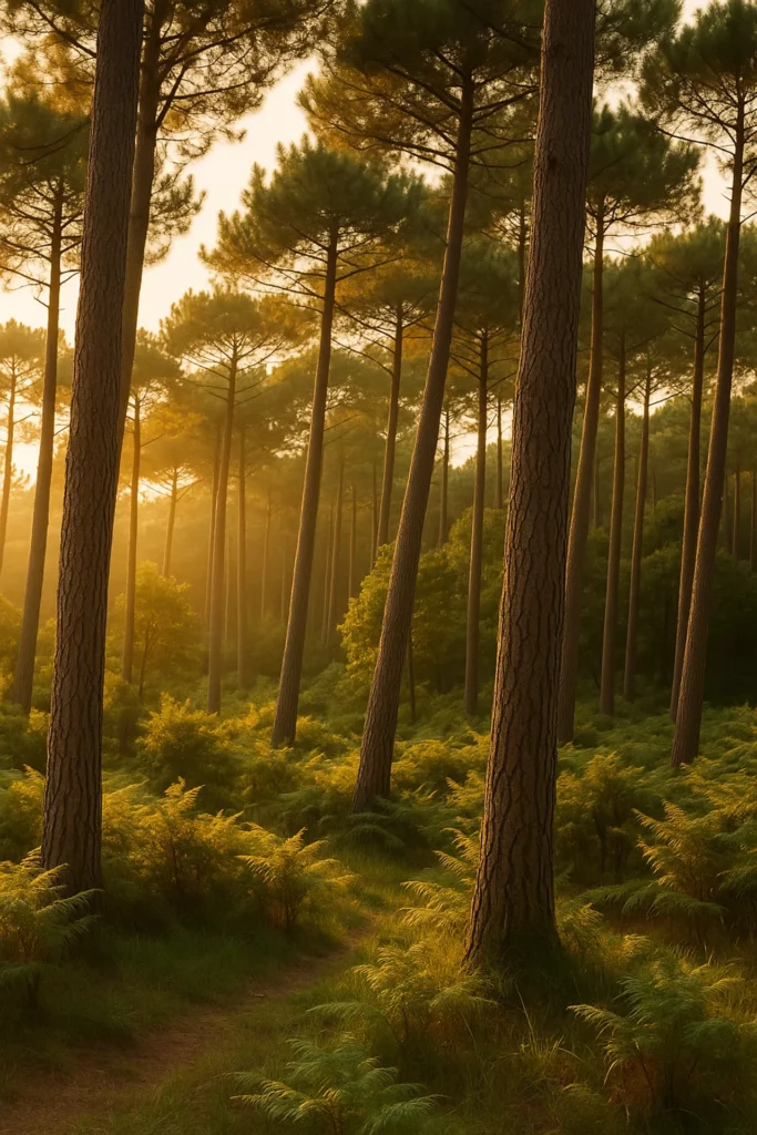 Forêt de pins baignée de lumière au Cap-Ferret, environnement naturel et apaisant autour de La Plume du Cap