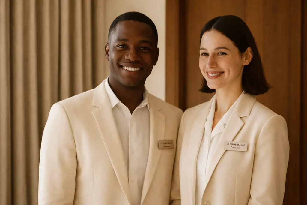 Équipe de conciergerie élégante de La Plume du Cap, accueil personnalisé et service premium au Cap-Ferret