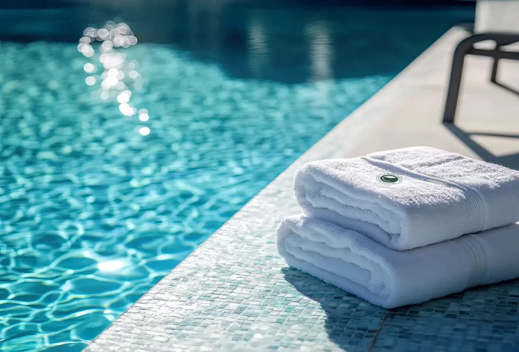 Serviettes brodées du logo La Plume du Cap au bord de la piscine, détail raffiné du spa haut de gamme au Cap-Ferret