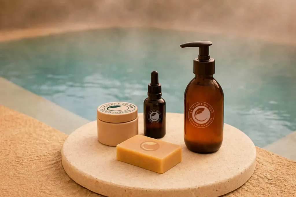 Produits de soin naturels et écoresponsables La Plume du Cap, présentés au bord de la piscine du spa au Cap-Ferret