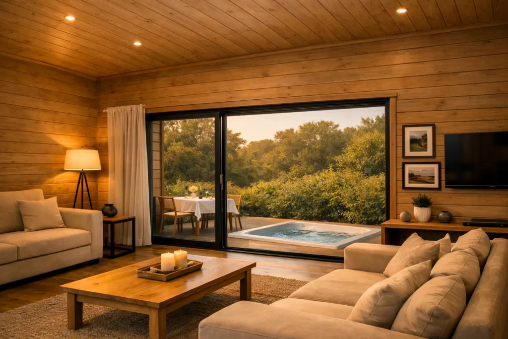 Intérieur du salon d’une villa de La Plume du Cap, espace de vie élégant ouvert sur la nature du Cap-Ferret