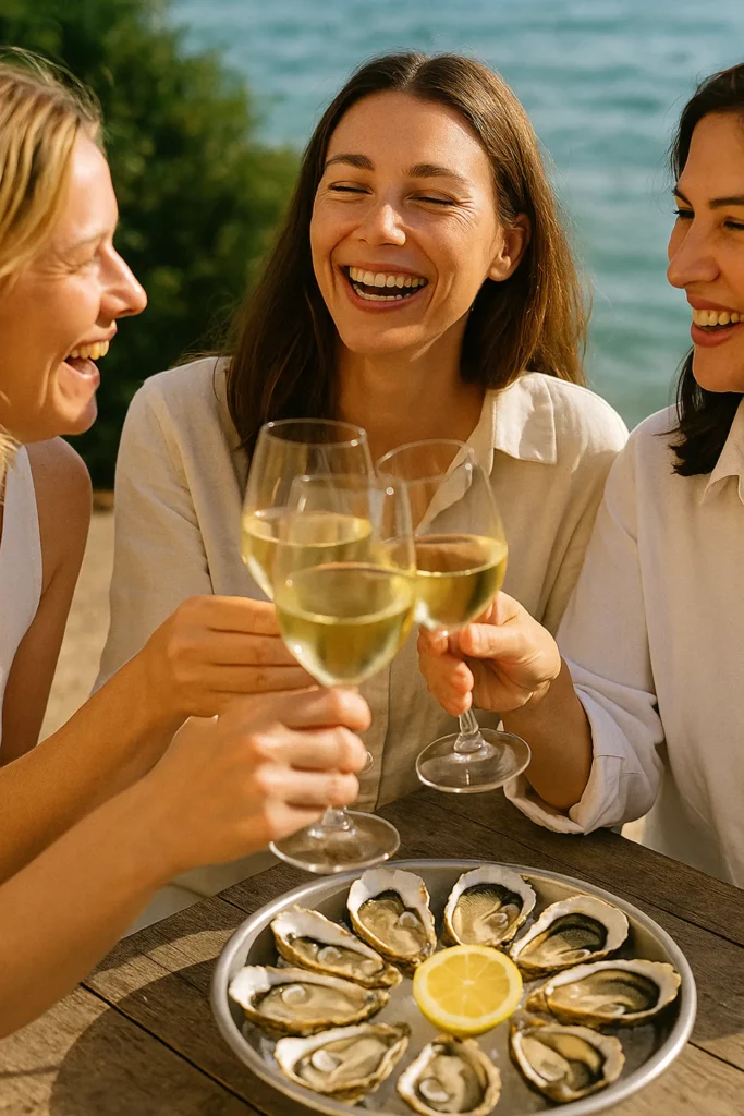Trois femmes dégustent des huîtres et du vin blanc en terrasse face au bassin, dans une ambiance conviviale et élégante au Cap Ferret.