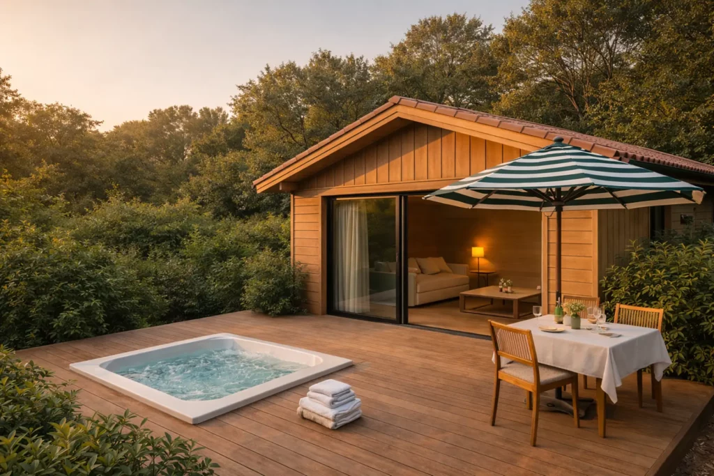 Villa Alizée en bois naturel avec terrasse privative et jacuzzi, nichée au cœur de la pinède du Cap Ferret.