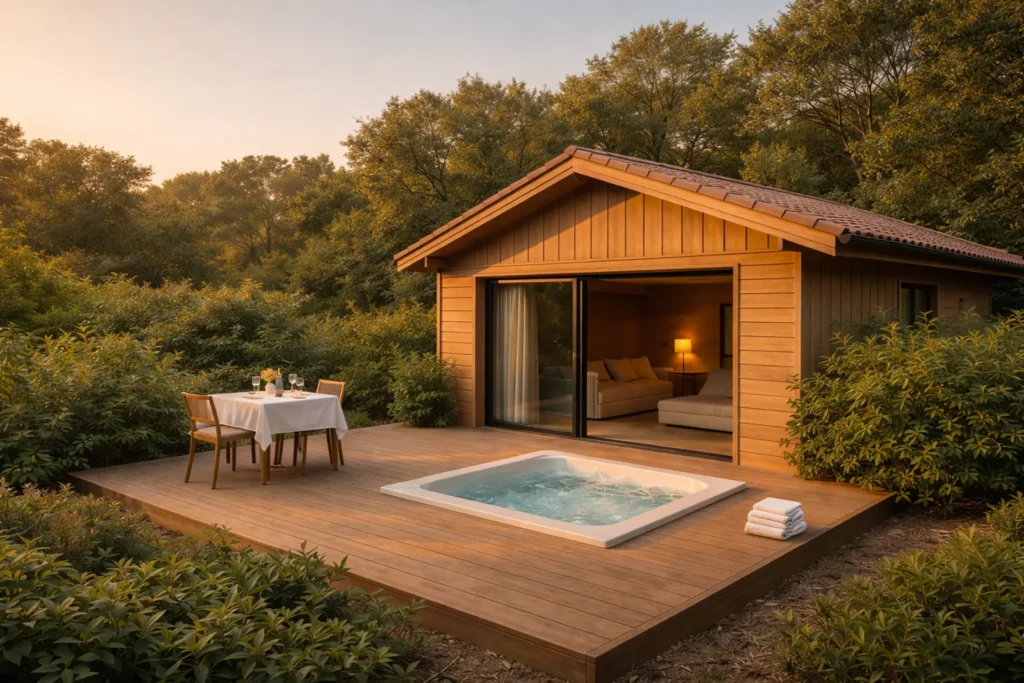 Villa Azur entourée de végétation, terrasse en bois et jacuzzi extérieur, dans une atmosphère lumineuse et apaisante.