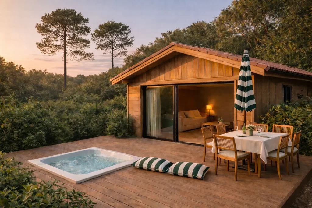 Villa Dune Blanche baignée de lumière, avec jacuzzi extérieur et terrasse ouverte sur la végétation du Cap Ferret.