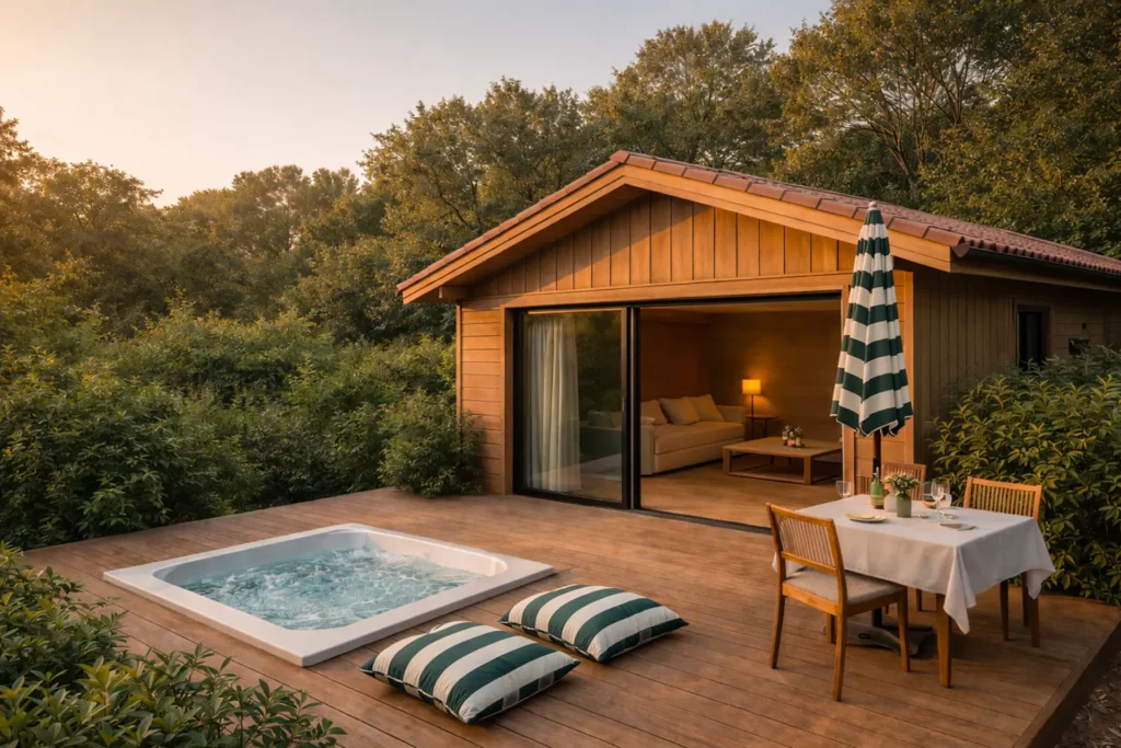 Villa Écume en bois clair, terrasse privative et jacuzzi, ambiance douce inspirée de l’océan.