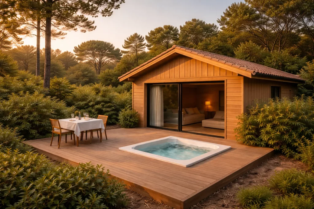 Villa Horizon offrant une vue dégagée sur la pinède, avec terrasse en bois et jacuzzi pour un séjour paisible.