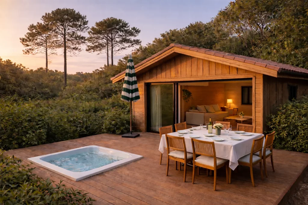 Villa Lichen intégrée à la nature, terrasse intimiste et jacuzzi extérieur, esprit slow et authentique.