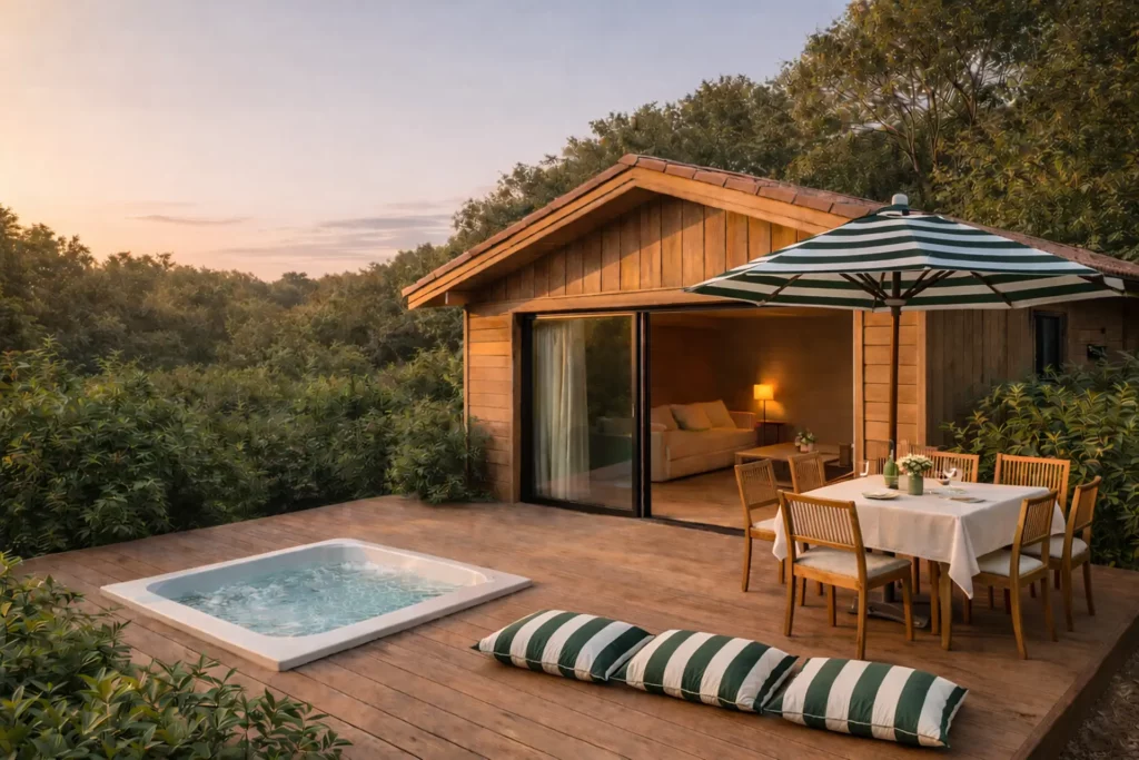 Villa Mimbeau à La Plume du Cap au Cap Ferret, villa en bois avec terrasse privative, jacuzzi extérieur, table dressée pour dîner et vue sur la forêt de pins au coucher du soleil.