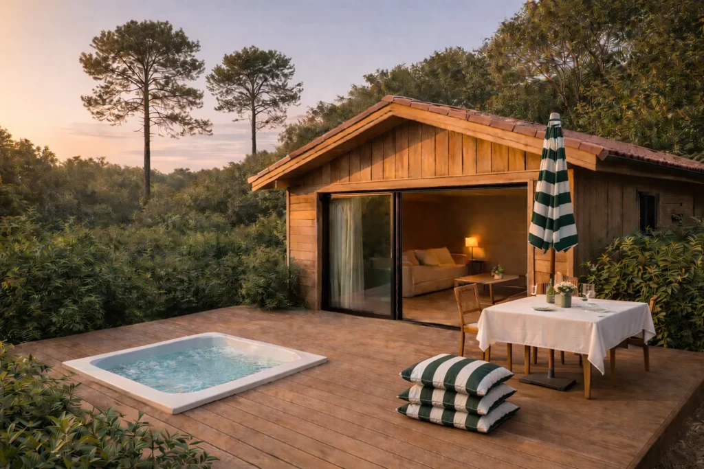Villa Pinède à La Plume du Cap, hébergement haut de gamme en bois niché dans la pinède du Cap Ferret, terrasse en bois avec jacuzzi privatif et ambiance nature et intimiste.