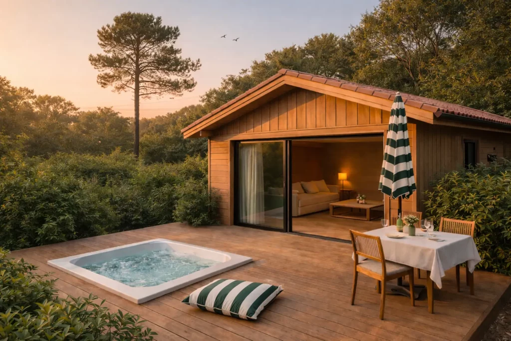Villa Piraillan à La Plume du Cap au Cap Ferret, villa contemporaine en bois avec salon lumineux, terrasse en bois, jacuzzi privé et environnement naturel préservé.