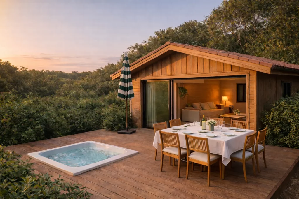 Villa Saline à La Plume du Cap, villa de luxe au Cap Ferret avec terrasse en bois, jacuzzi privatif, mobilier extérieur élégant et immersion au cœur de la forêt de pins.