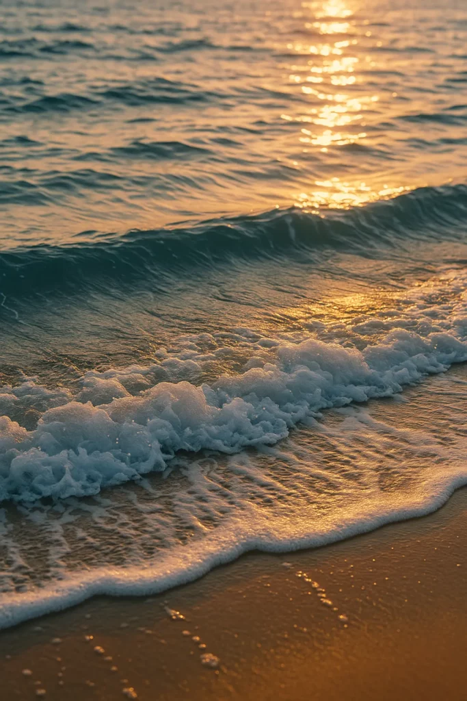 Vague douce venant lécher le sable doré au coucher du soleil, évoquant le calme et la sérénité de l’océan Atlantique.